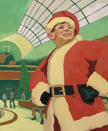 An illustration of a boy wearing a Santa costume in a mall with a Christmas tree