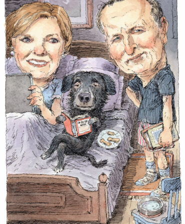 An illustration of a dog in bed with a woman and a man standing beside the dog. The dog is reading and having a plate of cookies