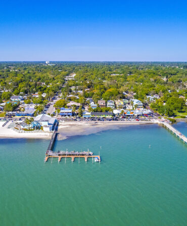 A coastal city with blue water