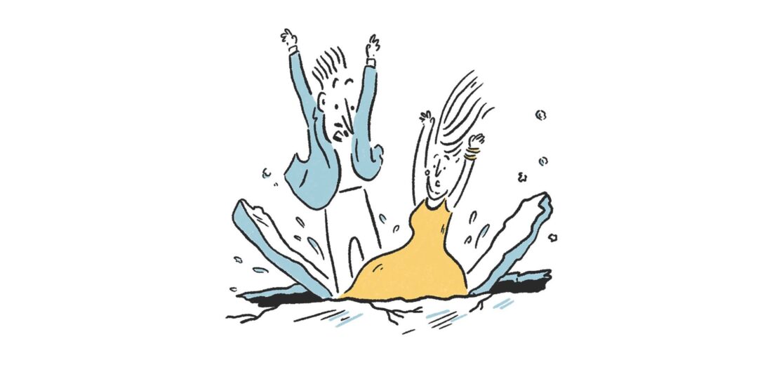 An illustration of partygoers falling through ice