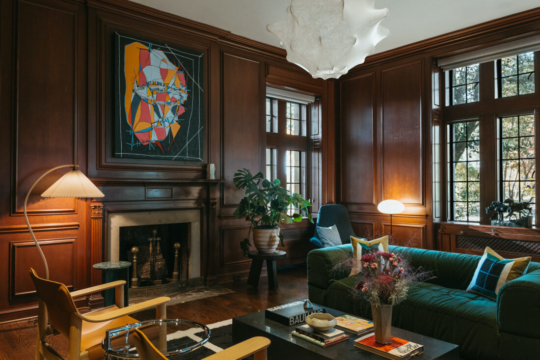 Inside a dark wood library