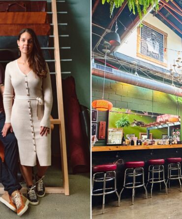 Two photos: a man and woman standing against a blue background with a ladder, a distillery with a bar