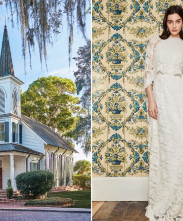 Two photos: The exterior of a chapel, a woman in a wedding dress