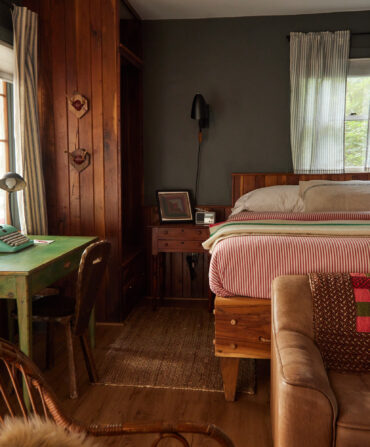 A guest room with rustic details