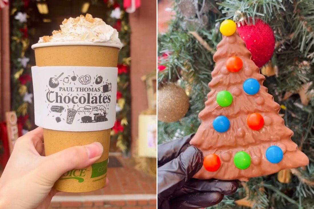 Two photos: a cup of hot chocolate, a chocolate-covered Christmas tree