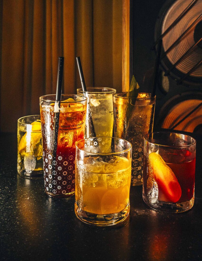 A lineup of colorful drinks