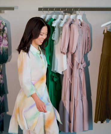 A woman in a floral dress