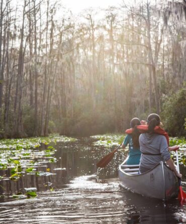 Two women canoeing through the Okefenokee Swamp