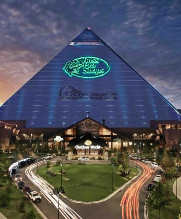 The exterior of a steel-sided pyramid