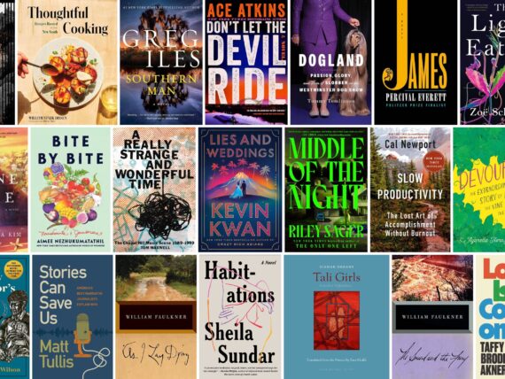 A collage of many books across three rows