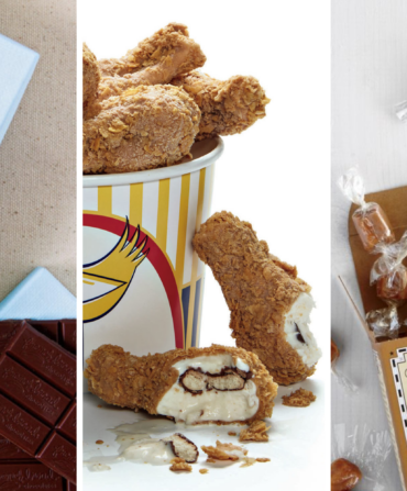 Three photos of desserts: chocolate bars, fried chicken-shaped ice cream bars, caramels