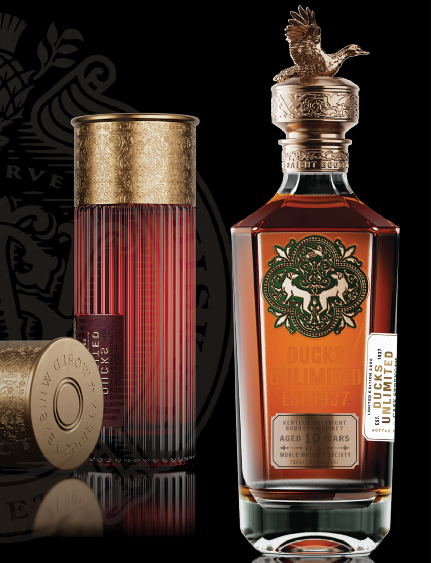 Two shotgun shell-shaped containers of whiskey and a bottle of bourbon