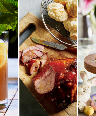 Three photos: a cocktail, ham and biscuits, blondies