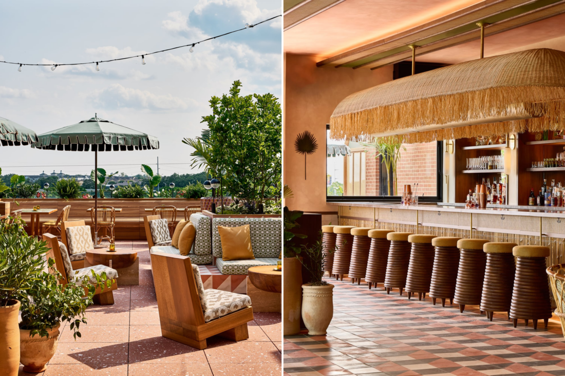 Two photos of rooftop bar seating