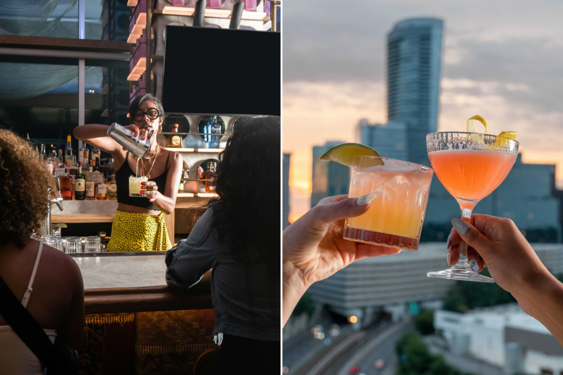 Two photos: a bartender mixing a drink, two cocktails