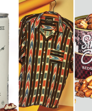 Three photos: a can of pecanmilk, a patterned shirt, and a canister of peanuts