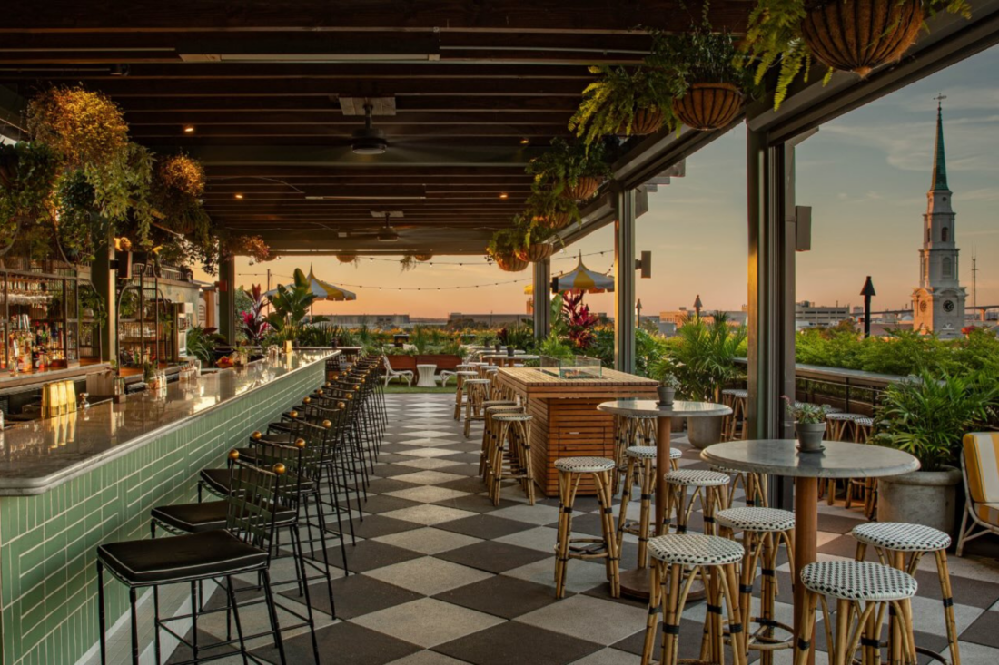 Seating at a rooftop bar